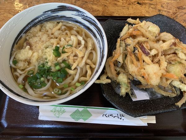 「なるちゅるうどん450+かき揚げ150=600円」@ふなもとの写真