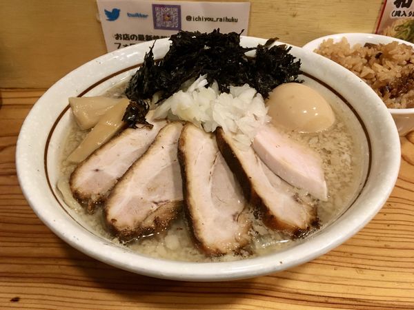 「キリン一番搾り生→特製背脂煮干蕎麦＋チャーシュー炊き込みご飯」@中華そば 一陽来復の写真