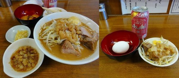 「ラーメン半分730円生卵ニンニクどてん脂増しビール350円」@ラーメンの店 どでん 北浦和店の写真