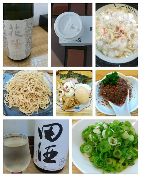 「特製つけそば+カレー玉+九条ネギ+プレミアム日本酒」@中華そば専門 とんちぼの写真