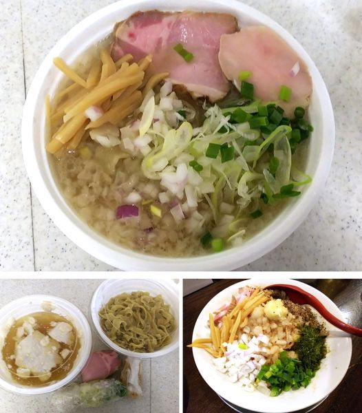 「【テイクアウト】背油煮干し塩中華そば＋【店内】汁なし背脂そば」@立ち呑み居酒屋 金町製麺の写真