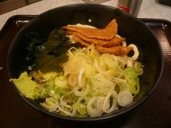 「冷しきつねうどん（温玉抜き、ネギ盛り）」@そば処 かめや 新橋店の写真