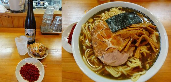 「ラーメン中盛850円　ビール600円 辛味100円」@自家製中華そば としおかの写真