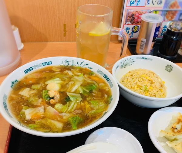 「五目あんかけ＋餃子3個セット（固め￥740）他」@日高屋 蔵前駅前店の写真