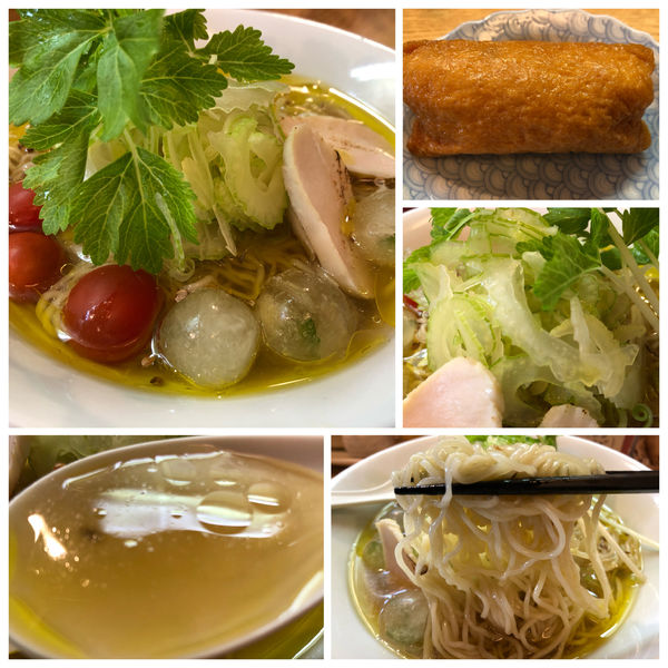 「季節の麺（冷たいセロリらーめん）900円いなり60円」@麺処 あずきの写真