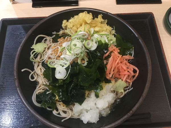 「朝そば鬼おろし・わかめ変更・大盛+納豆(¥360+クーポン)」@ゆで太郎 竹橋店の写真