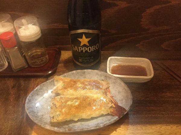 「サッポロ黒ラベル・中瓶→海老餃子(¥540+440)」@支那そば たなかの写真