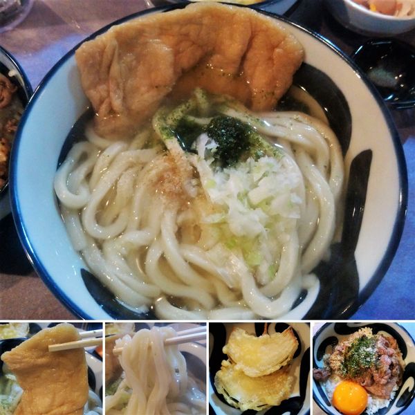 「きつねうどん(大)＋玉葱天＋牛筋丼＝1320円」@うの写真