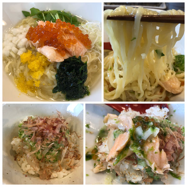 「サーモンとイクラと生のりと山葵の和えそば～割飯付～950円」@拉麺 イチバノナカの写真