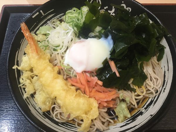 「朝そば玉子・温玉・わかめ変更・大盛+海老天(¥360)」@ゆで太郎 竹橋店の写真