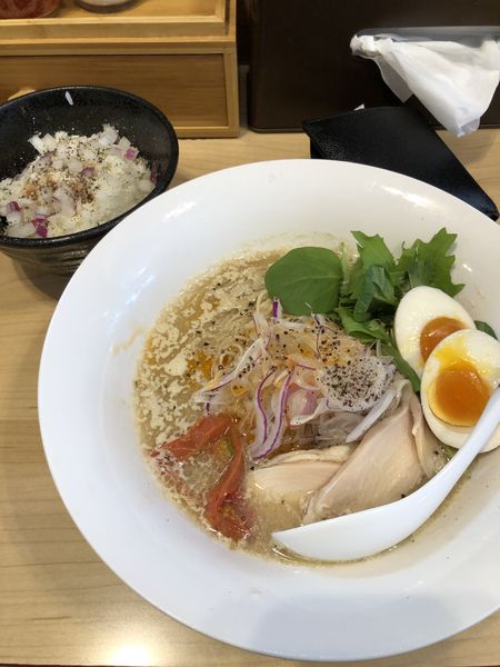 「甘海老とじゃがいものそば＋チーズリゾット＋トッピング味玉」@麺屋Mの写真