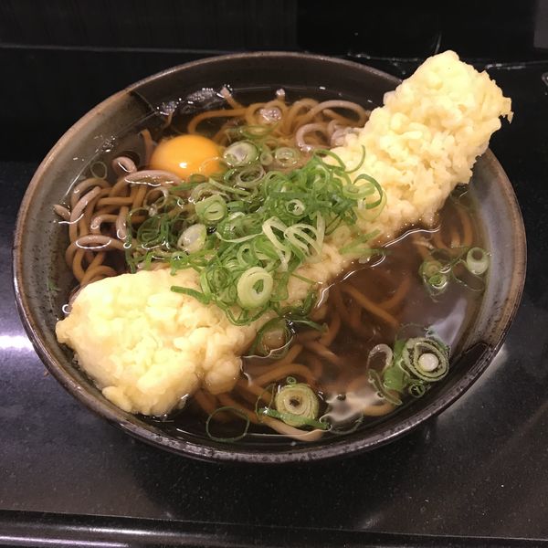 「イカ天（￥390）＋生玉子（￥70）＋入場料（￥160）」@南海そば なんば3階店の写真