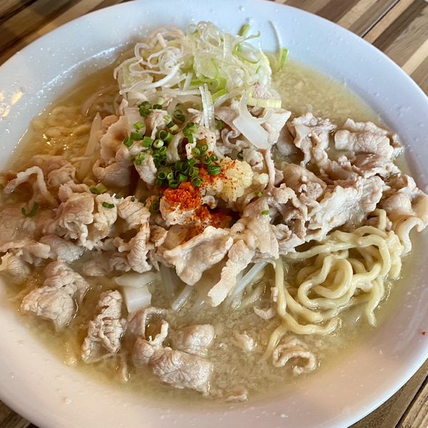 「もばらーめん 二段盛り（麺大盛り・ニンニク少・背脂・ねぎ）」@らぁ麺三軒屋 茂原店の写真