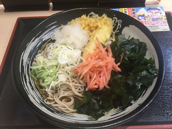 「朝そば鬼おろし・わかめ変更+海老天（￥360+クーポン）」@ゆで太郎 竹橋店の写真