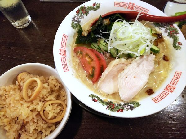 「冷や汁そば＋イカの炊き込み飯　850＋200円」@立ち呑み居酒屋 金町製麺の写真