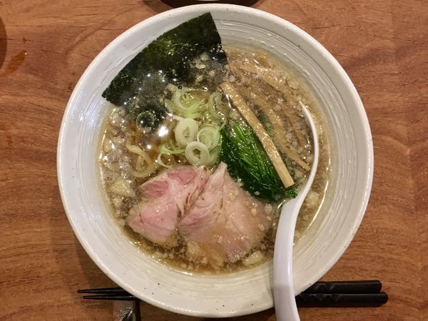 「冷燗（鍋島・栄光冨士）＋刺身（アジ・マグロ） → 中華そば」@三鷹らーめん酒場 SALの写真