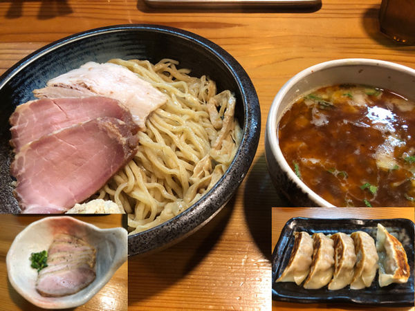 「鶏そば海老風味つけ麺850円、鴨ロース350円、餃子420円」@はりけんラーメン 南店の写真