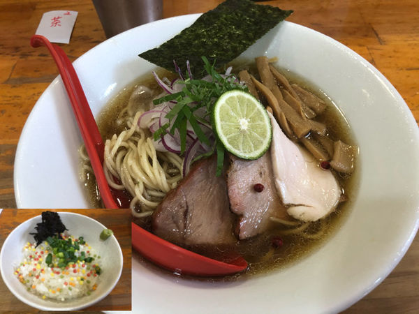 「【限定】清涼鯵煮干そば冷やし850円、〆の茶漬け100円」@麺屋 むじゃきの写真