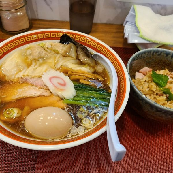 「ワンタン麺&日替わりご飯のセット¥1150+味玉¥100」@麺創庵 砂田の写真