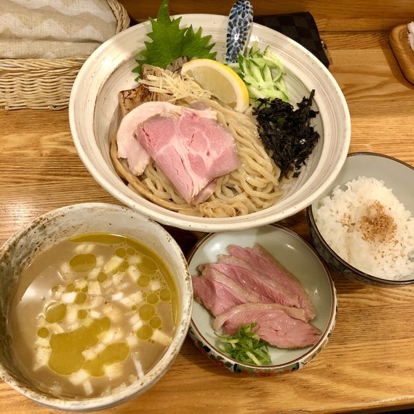 「【限定】冷やし烏賊肝飯割り付き1000+追加鴨むね肉300」@中華そば きなりの写真