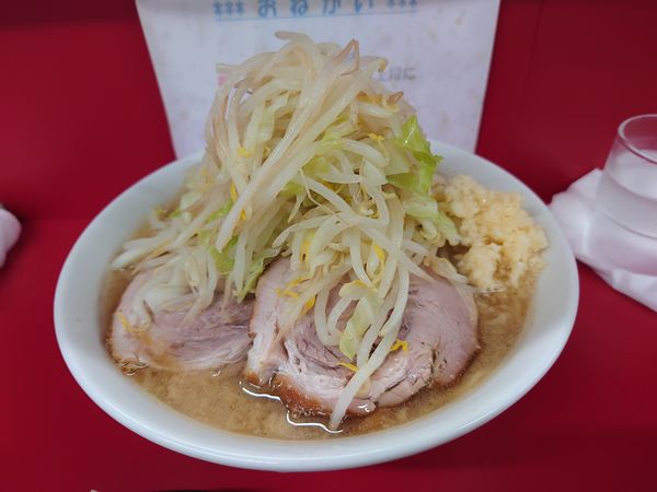 「小ラーメン麺半分、野菜ニンニクましまし、ショウガ」@ラーメン二郎 神田神保町店の写真
