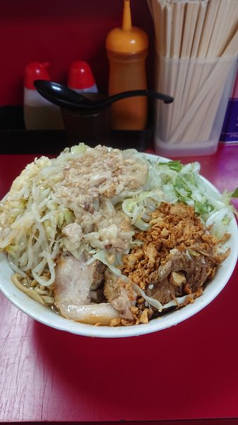 「大ネギ汁なし  野菜  ニンニク  油」@ラーメン二郎 中山駅前店の写真
