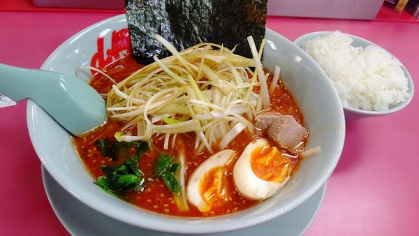 「辛味噌ネギラーメン激辛＋半ライス1000円クーポン味玉」@山岡家 成田飯仲店の写真