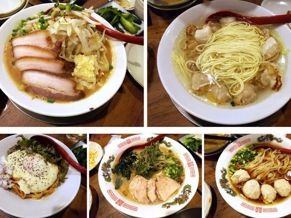 「トマトカルボ・冷たい煮干味噌・ホタテの塩・鶏そば・ド濃厚二郎」@立ち呑み居酒屋 金町製麺の写真