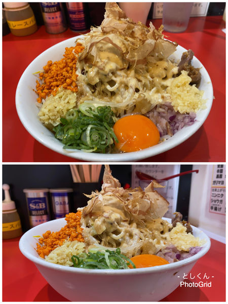 「冷しまぜそば 小（ガリマヨ、ニンニク、ショウガ、辛揚げ 他）」@用心棒 市ヶ谷飯田橋の写真