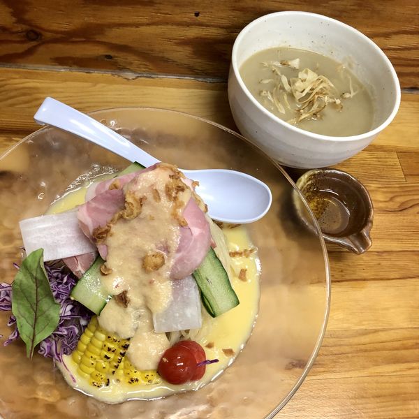 「【限定】冷たい夏ごぼうのポタージュもろこしつけめん煮干1%」@中華そば よしかわの写真