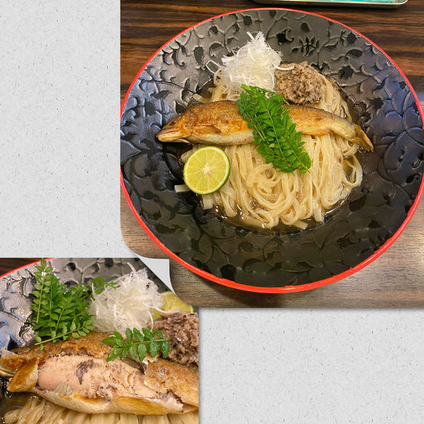 「子持ちアユのコンフィ キノコ出汁の和えそば¥1400」@稲荷屋の写真