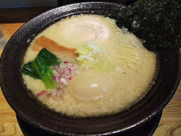 「【限定】背脂塩煮干し拉麺　＋味玉：サービス券」@麺肴 ひづきの写真