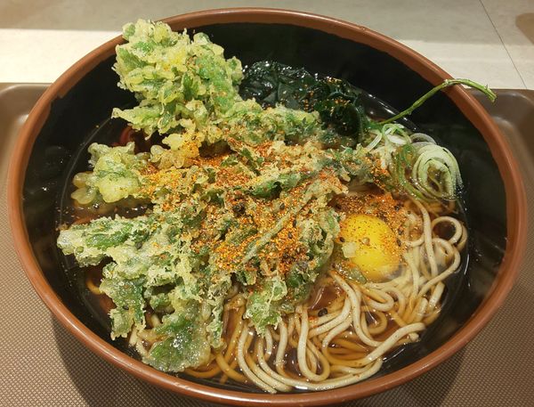 「春菊天そば+生玉子」@名代 富士そば 秋葉原電気街店の写真