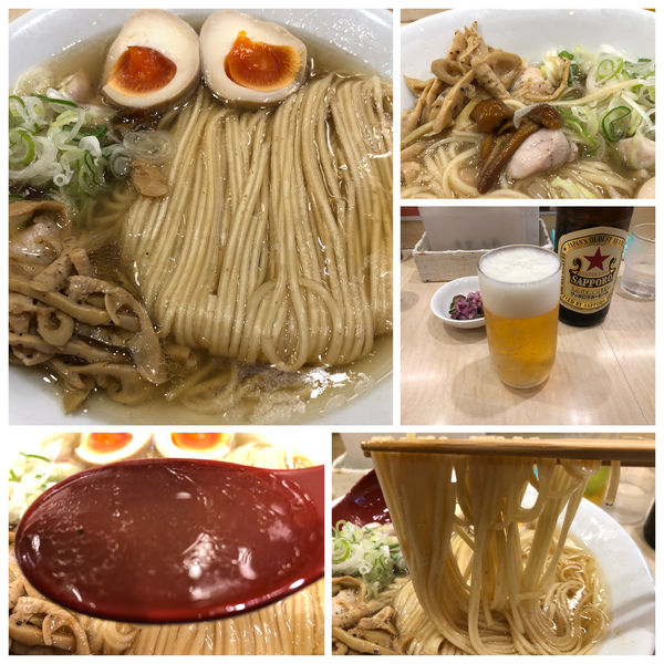 「稲庭中華そば 塩大盛1020円＋味玉200円ビール570円」@食堂 七彩の写真