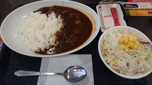 「プレミアムビーフカレー（＋サラダ：１００円）＝７９０円」@なか卯 西船橋駅前店の写真