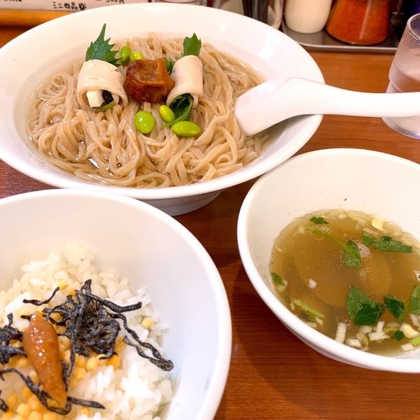「羅臼昆布と浅利のつけそば+〆の茶漬け飯」@中華そば 七麺鳥の写真