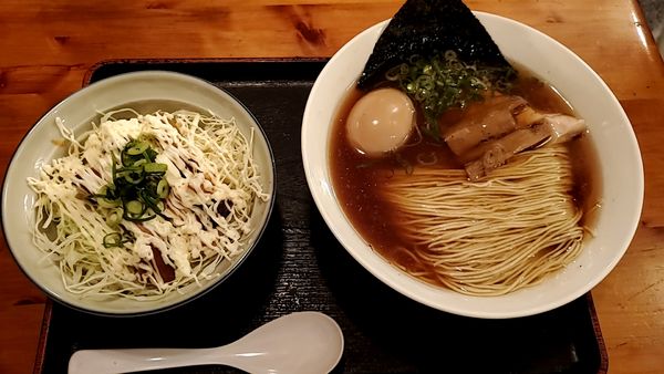 「味玉そば ＋肉マヨ丼」@麺や食堂 本店の写真