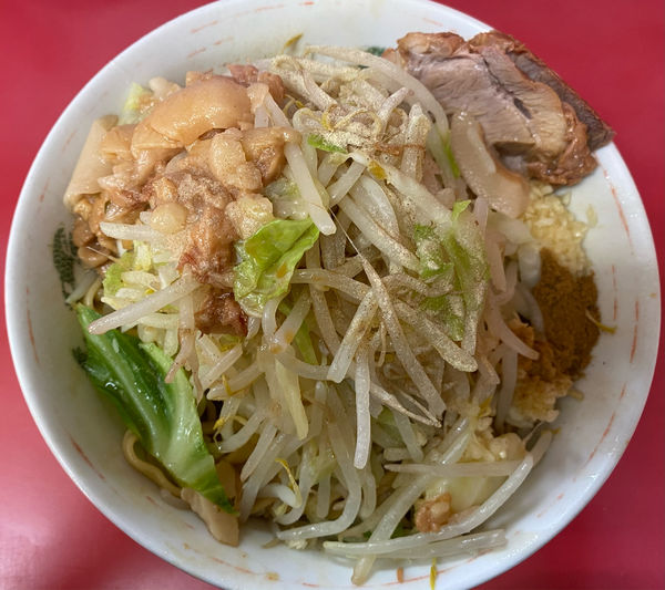 「大汁なし 玉子 全部 ニンニク多め」@ラーメン二郎 環七一之江店の写真