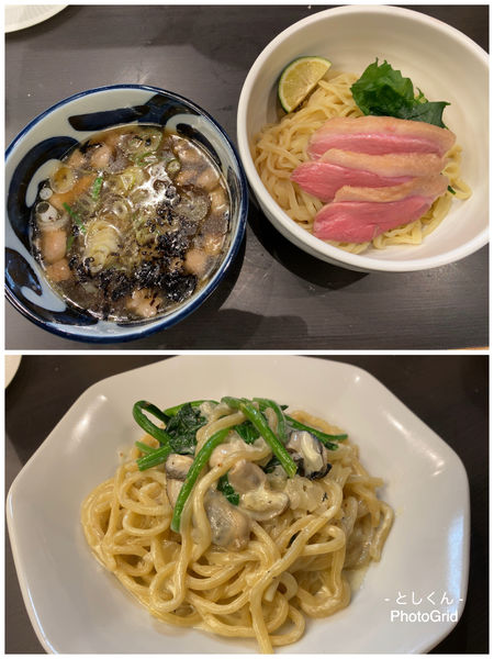「鴨とスダチつけ麺 ＆ 牡蠣とほうれん草のクリームチーズ」@メンショップ アキラの写真