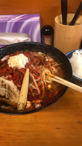 「蠍ラーメン　中盛、辛さ増し、痺れ増し、ニンニク、モヤシ」@Japanese soba Noodles 蠍の写真