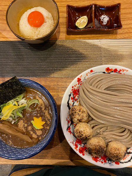 「つけ麺(大)＋つくね＋トリュフTKG」@中華蕎麦 沙羅善の写真