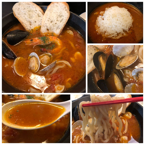 「【限定】魚介たっぷり漁師風トマトヌードル1050円半ライス」@まるふじ食堂の写真