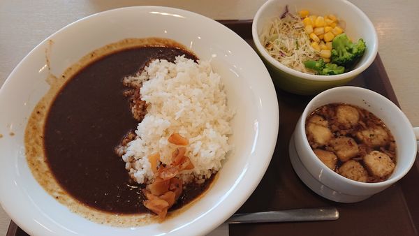 「カレー＋オニオンスープサラダセット（１９０円）＝６７０円　※」@すき家 江東新砂店の写真
