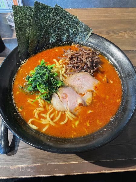 「美辛ラーメン2辛（中盛・太麺）＋キクラゲ」@ラーメン 萩原家 藤沢店の写真