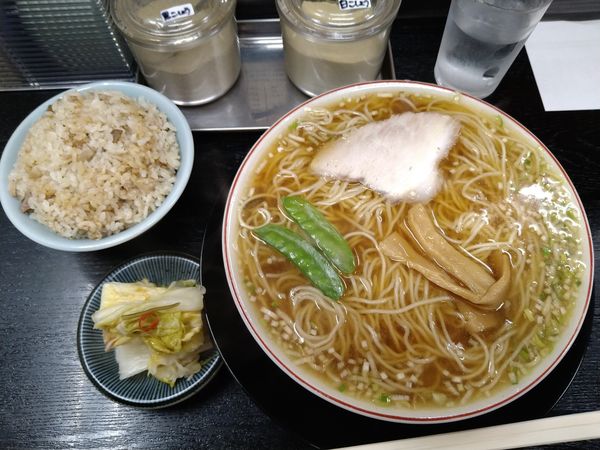 「中華そば並　バター肉ご飯小」@中華そば みずさわ屋の写真