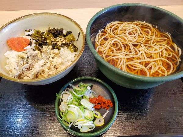 「朝食セット・焼鯖ごはん・温そば」@ゆで太郎 関内羽衣町店の写真