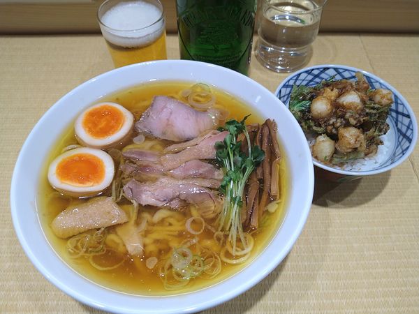 「親鶏中華そば¥820+かき揚げ丼¥350+ハートランド680」@手打 親鶏中華そば 綾川の写真