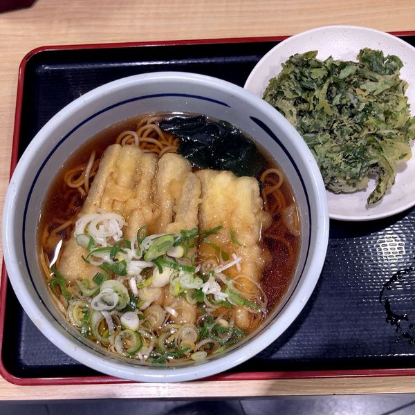 「ごぼう天そば（440円）ネギ多め・わさび＋春菊天（170円）」@吉そば 代々木店の写真