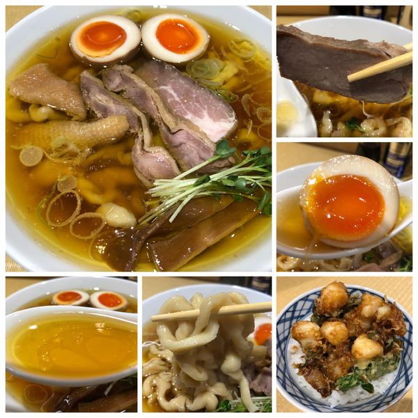 「親鶏中華そば820円極太麺 味玉 かき揚げ小丼350円ビール」@手打 親鶏中華そば 綾川の写真