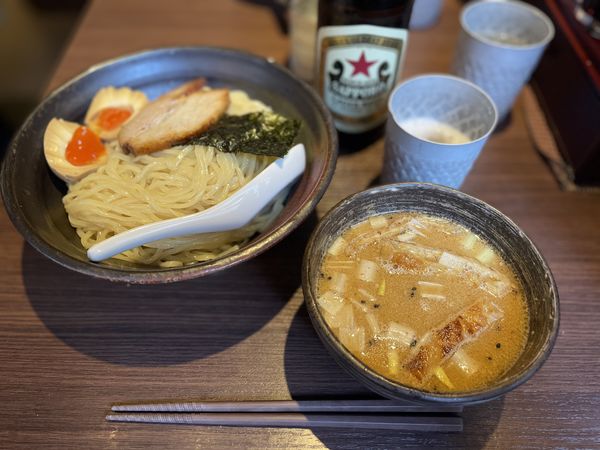 「味噌ダレつけ麺(大)&瓶ビール」@北海道らーめん ひむろ 池袋店の写真